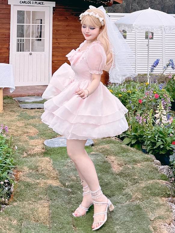 Plus Size Bowknot Details Light Pink Puff Sleeves Princess Dress Short Version