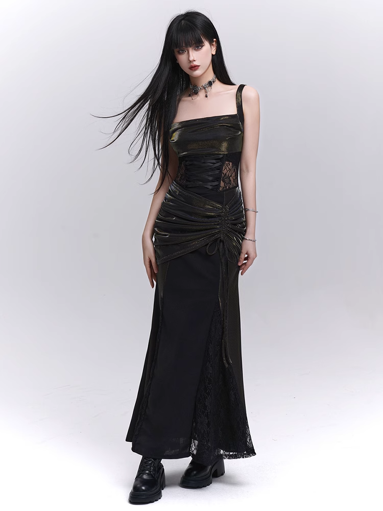 Black Lace Patches Waist Drawstring Hip Sleeveless Dress