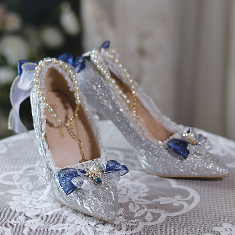Silver Glittering Bow at Top Detachable Beaded Chain 6CM/8CM Hime Lolita Heels