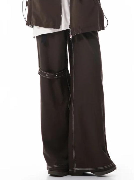 Brown Straight-Leg Cargo Pants with Strap Accents