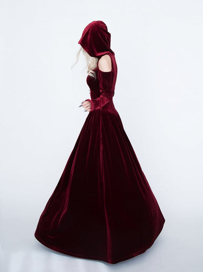 Medieval Witch Red Velvet Cutout Shoulder Gothic Vampire Hooded Dress
