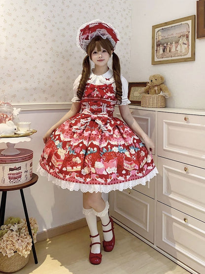 Strawberry and Dessert Print Red Sweet Lolita Dress
