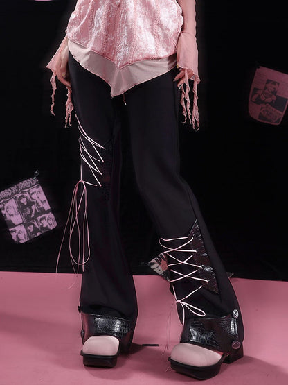 Black Lace-up Detail Flared Pants