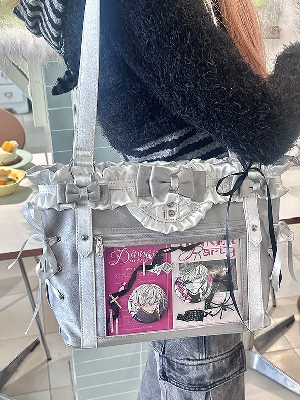 Silver&White Bowknot Details Ruffles Trim Lace-up Design Ita Bag