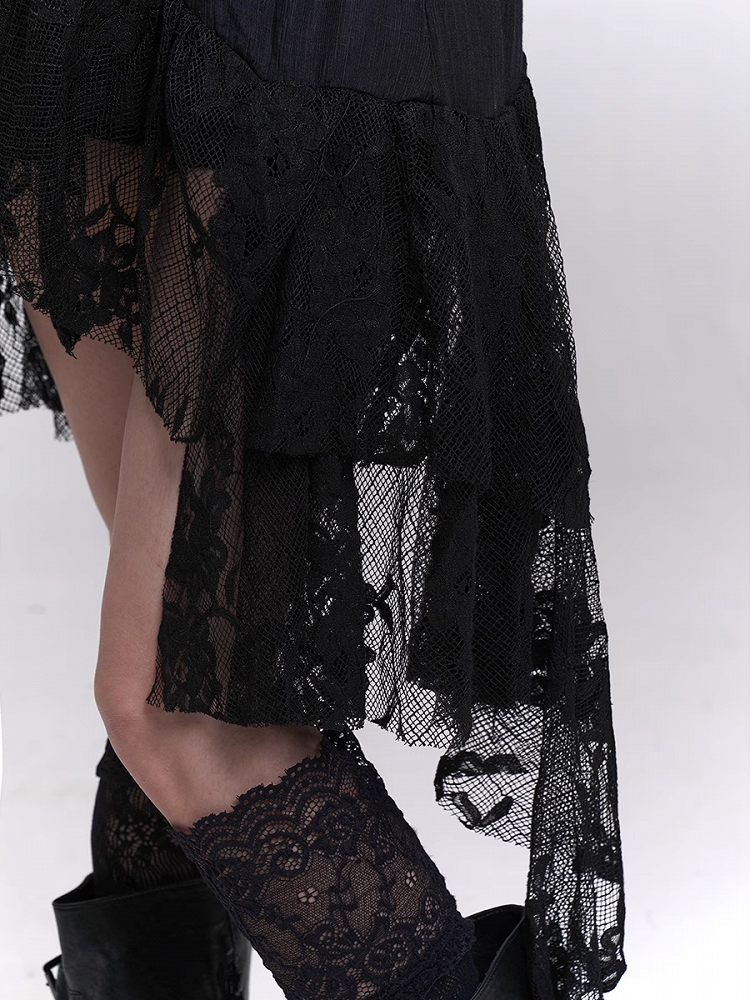 Black Lace Patchwork Cascading Ruffles Skirt