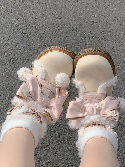 Plush Lining with Pink Bow Decor & Classic Lacing Beige Boots in Sweet Lolita