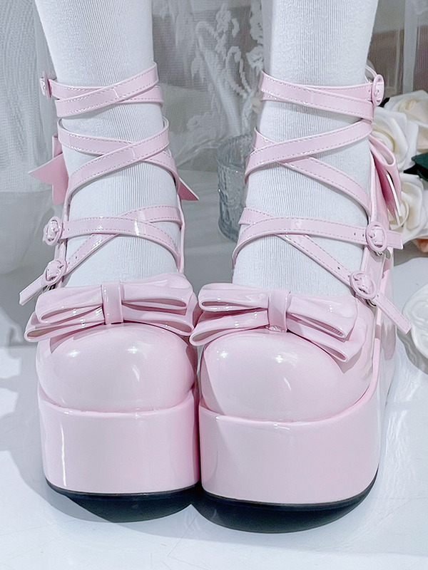Pink Bowknot Buckle Straps Round Toe Platform Lolita Shoes