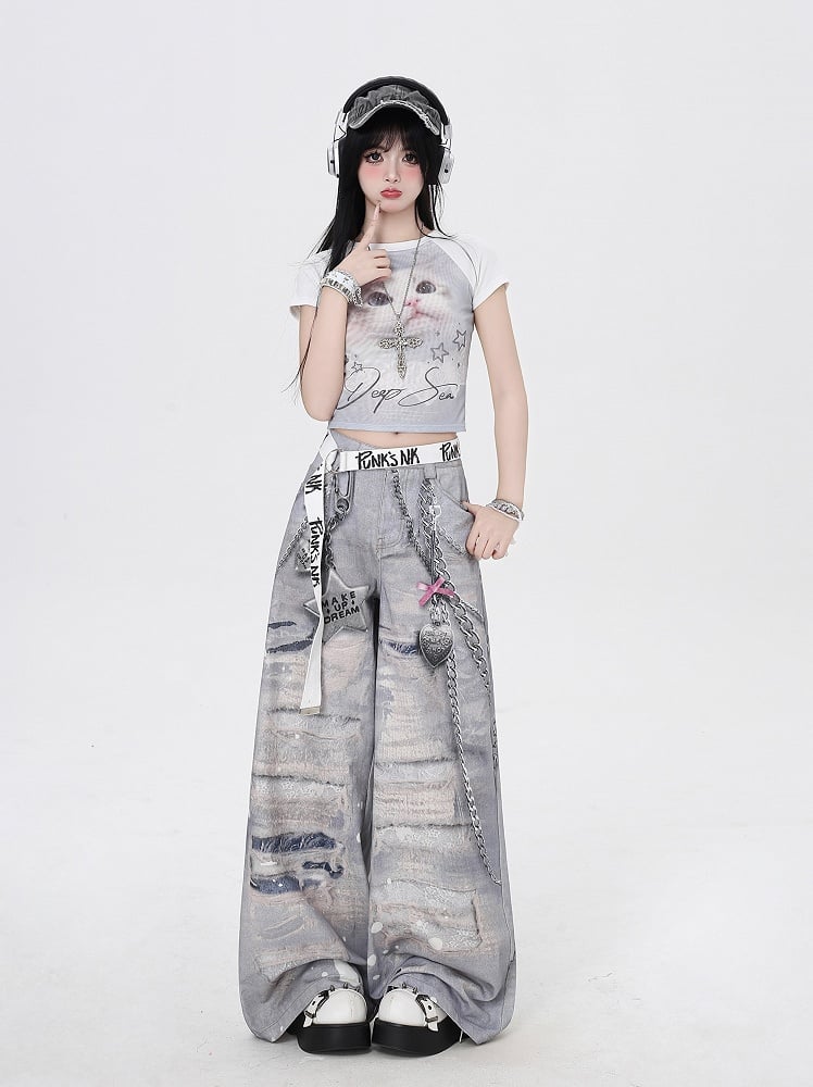 Grey Low Waist Distressed Holes and Chains 3D Print Wide-Leg Casual Pants