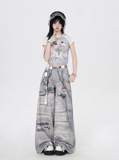 Grey Low Waist Distressed Holes and Chains 3D Print Wide-Leg Casual Pants