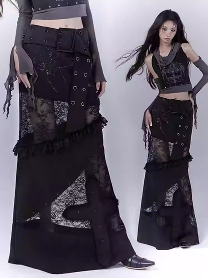 Black Low Waist Lace Patches Cross Applique Punk Skirt with Buckle Belt