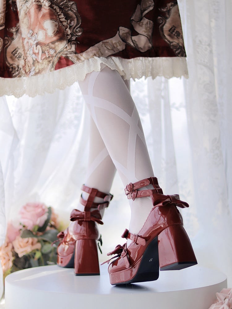 Wine Red Sweetheart and Bow Accents Sweet Lolita Platform High Block Heels