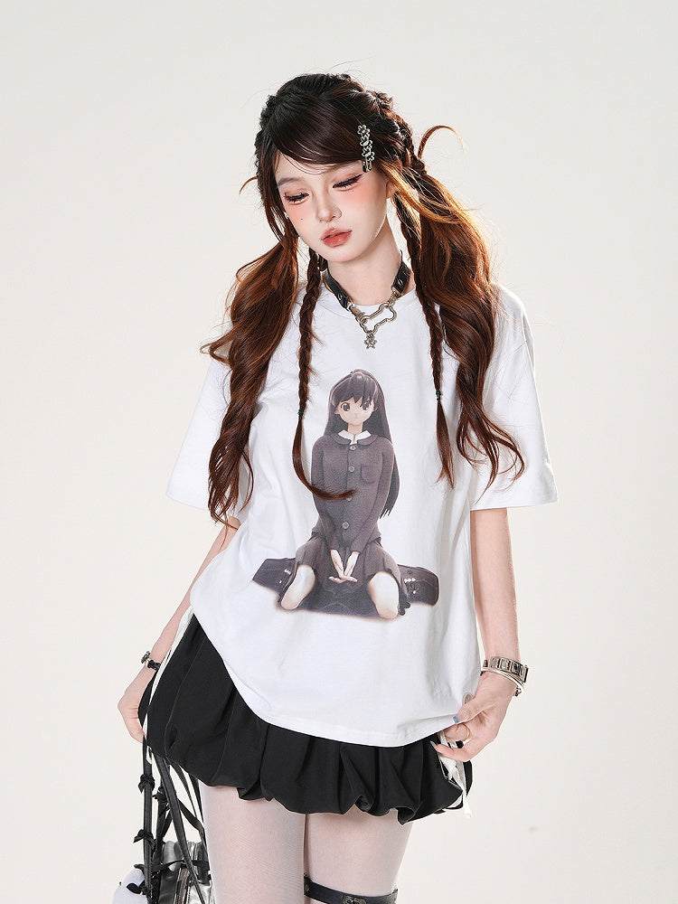 Anime Girl Print White Round Neck Loose T-shirt
