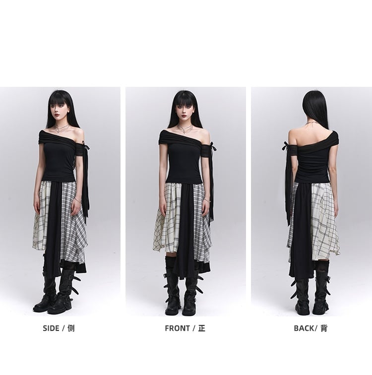 Black Asymmetrical Neckline Slim-fitting T-shirt