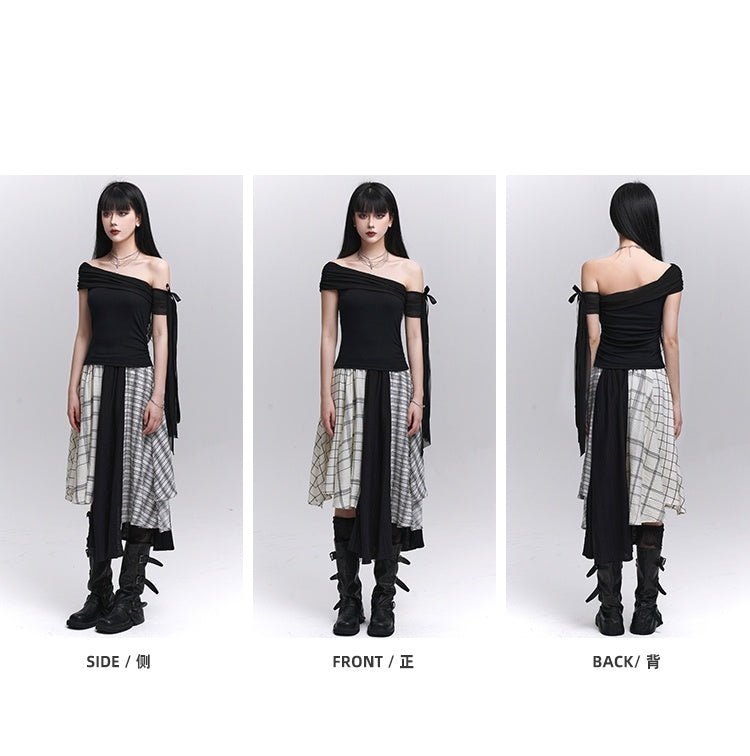 Black Asymmetrical Neckline Slim-fitting T-shirt