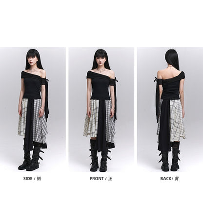 Black Asymmetrical Neckline Slim-fitting T-shirt