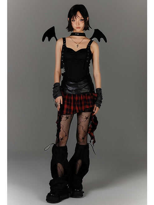 Y2K Asymmetrical Ruffled Red Plaid Hem Black PU Punk Skirt