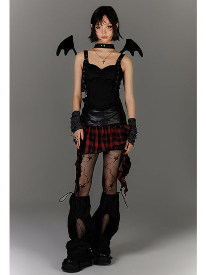 Y2K Asymmetrical Ruffled Red Plaid Hem Black PU Punk Skirt