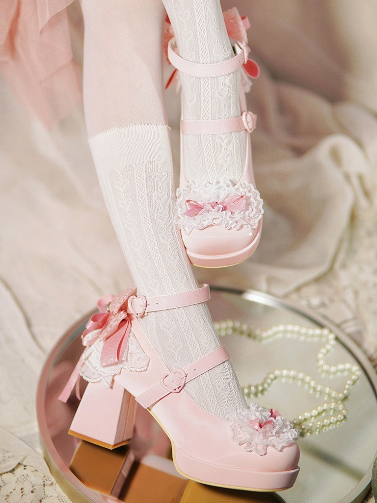 Pink Knotted Bow at Top Lace Trim Heart Buckles High Block Heels