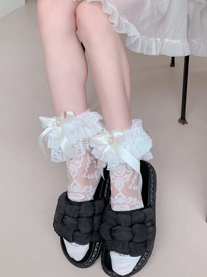 White/Black Bowknot Details Ruffled Cuff Semi-sheer Calf Socks