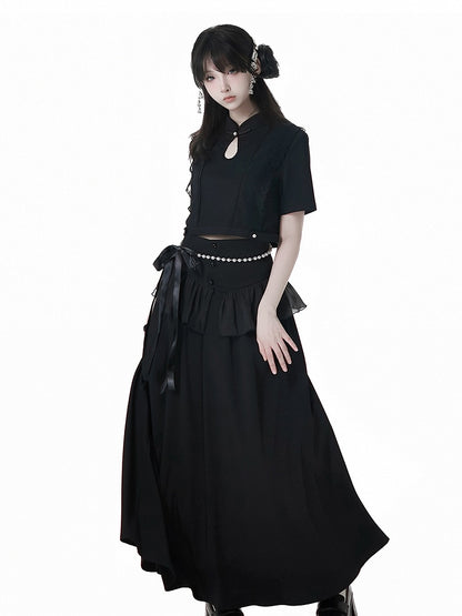 Black Cheongsam Style Long Skirt with Flounce Hem Corset Belt Set Free Beaded Waist Chain