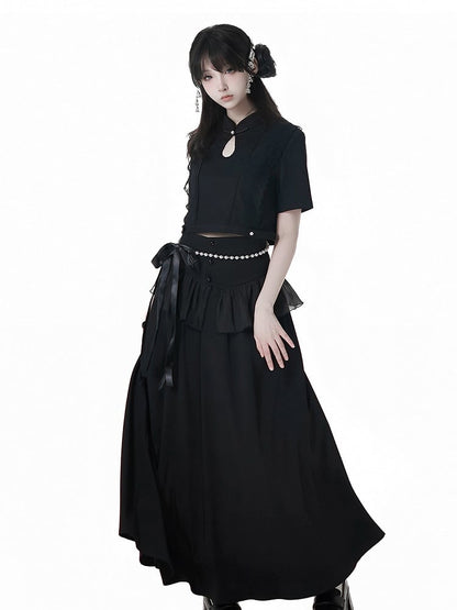 Black Cheongsam Collar Bead Details Short Sleeves Top