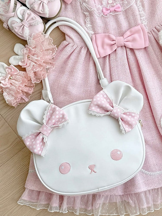 Pink&White Polka-dot Pattern Bowknot Details Bear Tote Bag