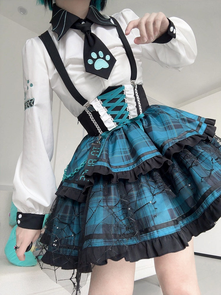 White Punk Rock Ruched Long Sleeves Shirt with Tie