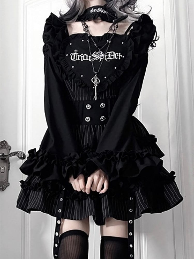 Black Gothic Off-the-shoulder Neckline Letter Print Striped Pattern Bell Sleeves Dress