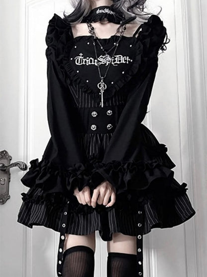 Black Gothic Off-the-shoulder Neckline Letter Print Striped Pattern Bell Sleeves Dress