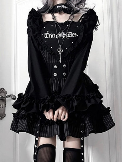 Black Gothic Off-the-shoulder Neckline Letter Print Striped Pattern Bell Sleeves Dress