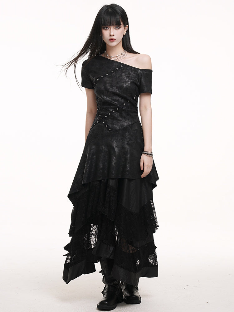 Black Asymmetrical Neckline Criss-cross Straps Cascading Ruffles Dress