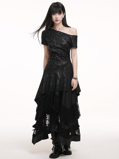 Black Asymmetrical Neckline Criss-cross Straps Cascading Ruffles Dress
