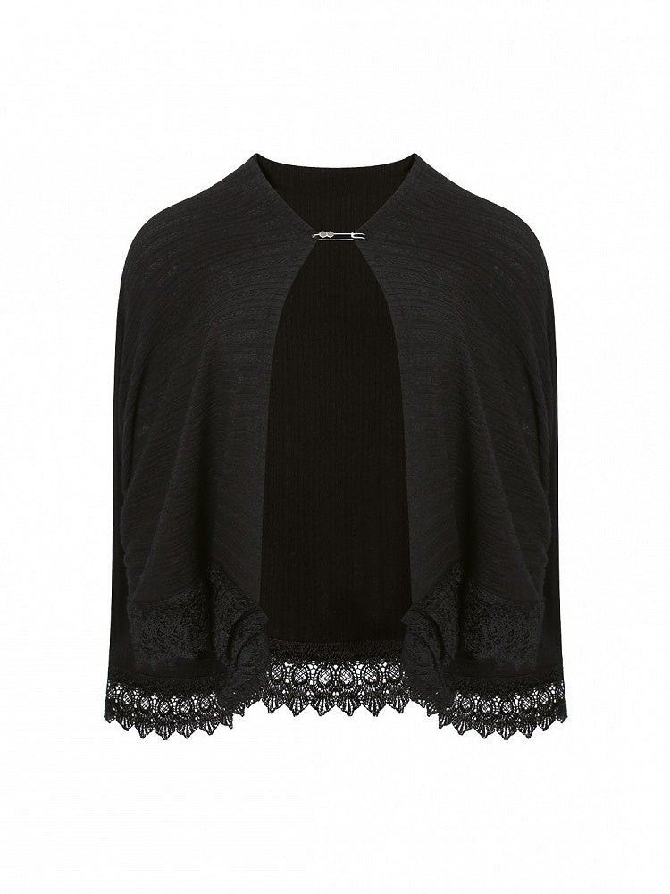 Black Knit Shawl with Lace Trim and Safety Pin Closure