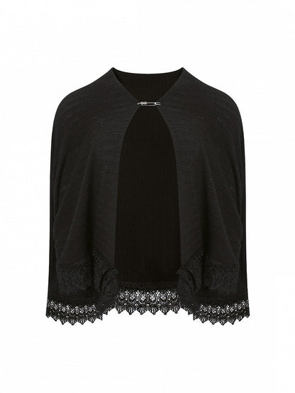 Black Knit Shawl with Lace Trim and Safety Pin Closure