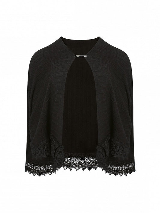 Black Knit Shawl with Lace Trim and Safety Pin Closure