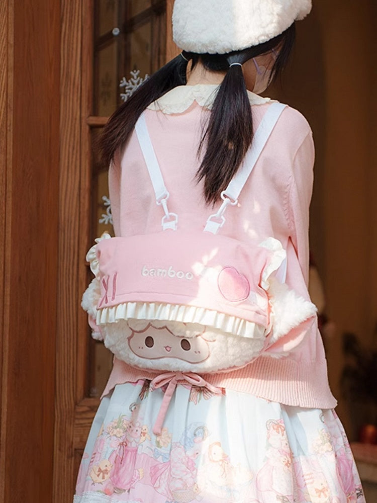 White&Pink Lamb-shaped Bowknot Plush Backpack