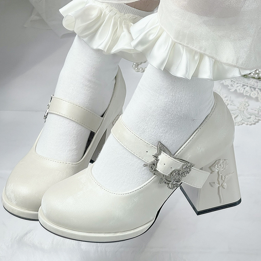 Matte White Butterfly Buckle 7cm Floral High Block Heel Hime Lolita Mary Janes