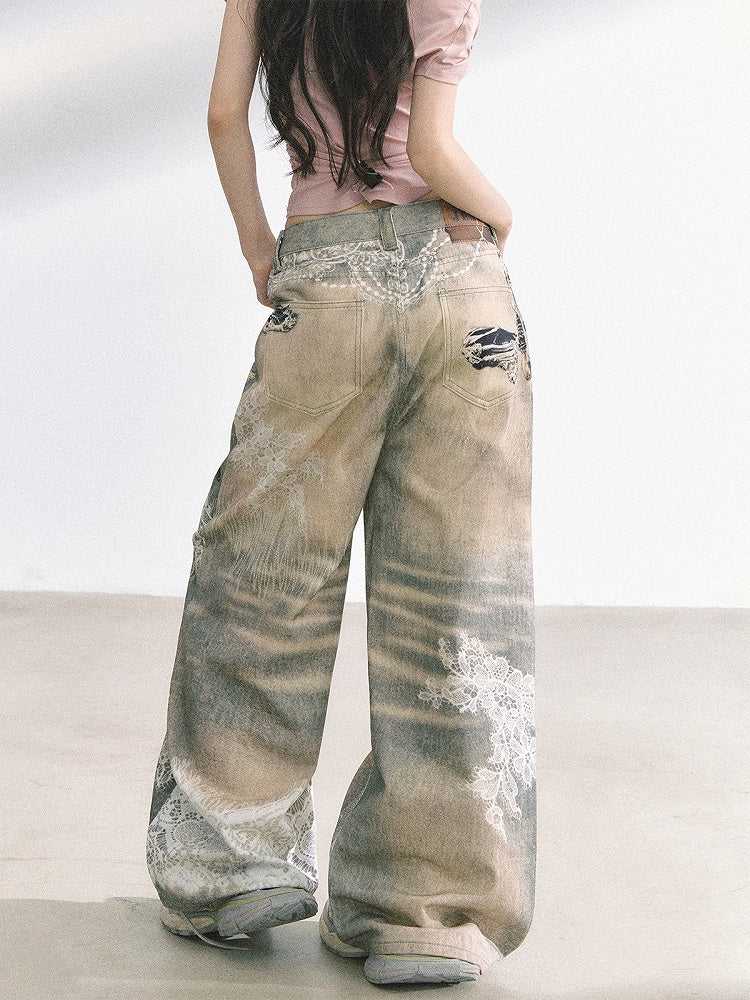 Lace and Distressed Holes Print Blue Faded Wash Distressed Wide-leg Jeans
