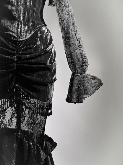 Halloween Gothic Black Cropped Velvet Top Bishop Lace Sleeves