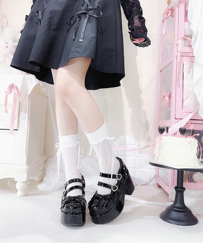 Polished Black Bow at Top Rhinestone Buckles Platform Mary Jane Shoes