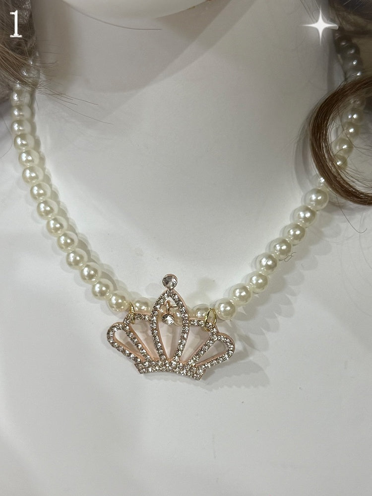 4 Options Rhinestone Crown/Heart Pendant Beaded Necklace