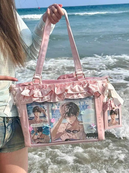 Pink Satin Ruffle Trims Self-tie Straps Ita Bag With Bow Card Holder