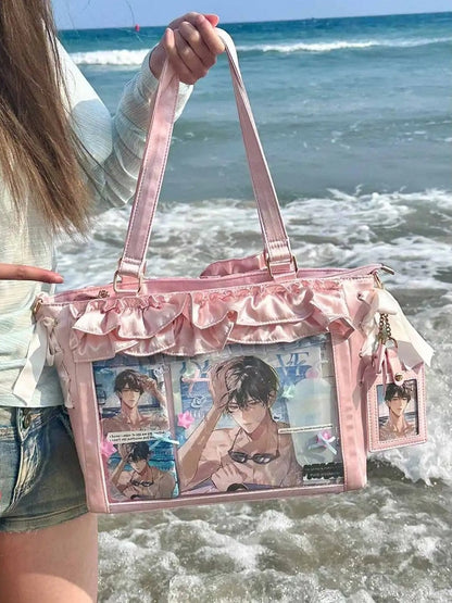 Pink Satin Ruffle Trims Self-tie Straps Ita Bag With Bow Card Holder