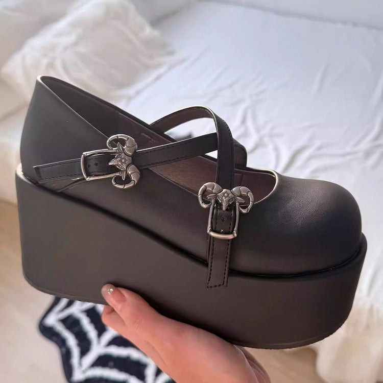 Black Gothic Crosscriss Design Platform Mary Janes With Detachable Buckles