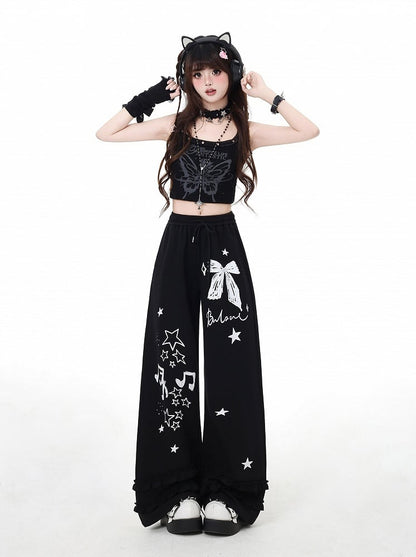 Black/Light Gray Bow and Star Print Vintage Wide-Leg Pants