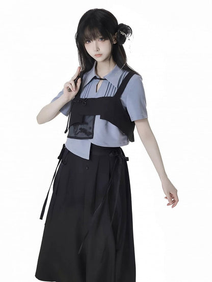 Blue Asymmetrical Hem Pleating Details Short Sleeves Cropped Shirt