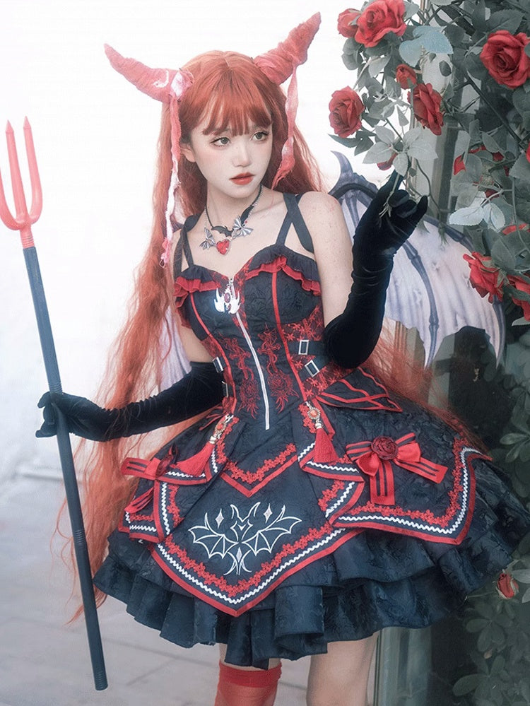 Black and Red Bat and Cross Embroidery Gothic Lolita JSK Zip Front and Buckle Side