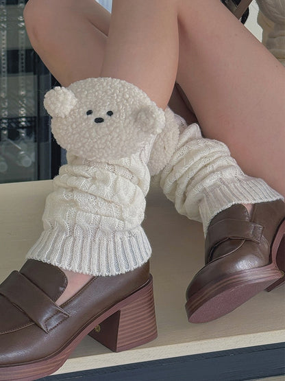 White/Khaki/Light Grey/Coffee Knitted Leg Warmers With Puppy Plushie