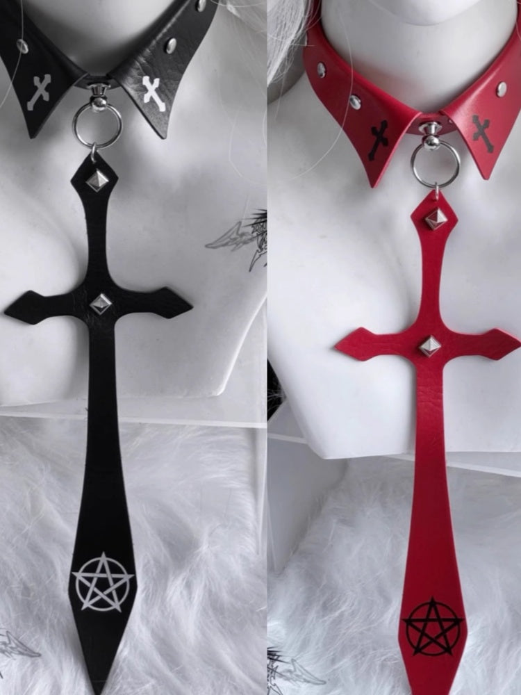 Punk Black/Red Pentacle Cross Charm Studded Necktie