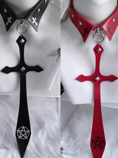 Punk Black/Red Pentacle Cross Charm Studded Necktie